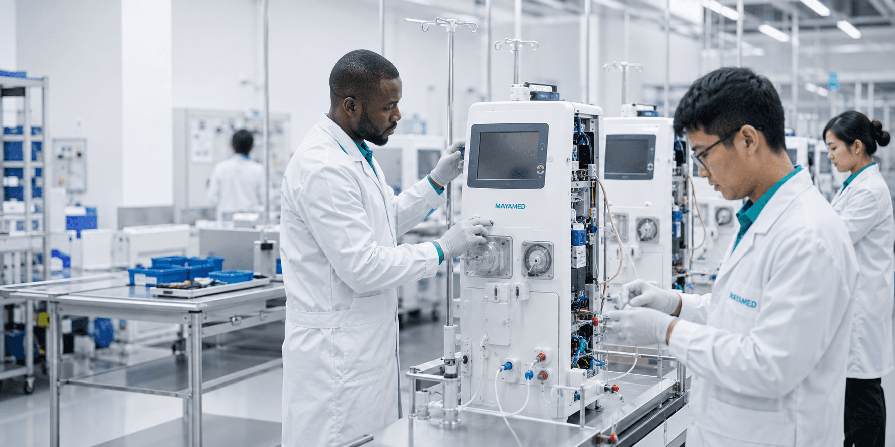Technicians inspecting dialysis equipment in a manufacturing environment